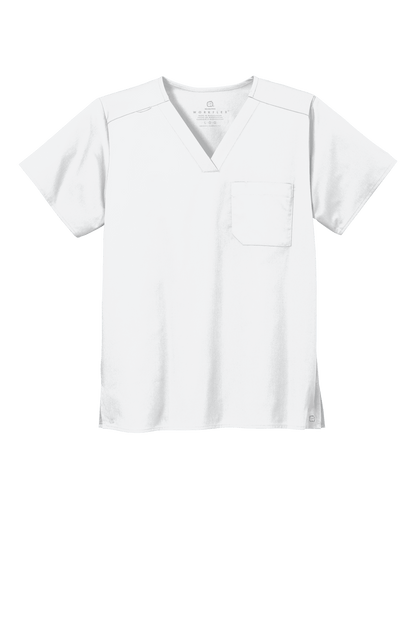 White unisex medical scrubs top by Wink with a V-neck and flexible chest pocket, designed for comfort and professional healthcare wear.