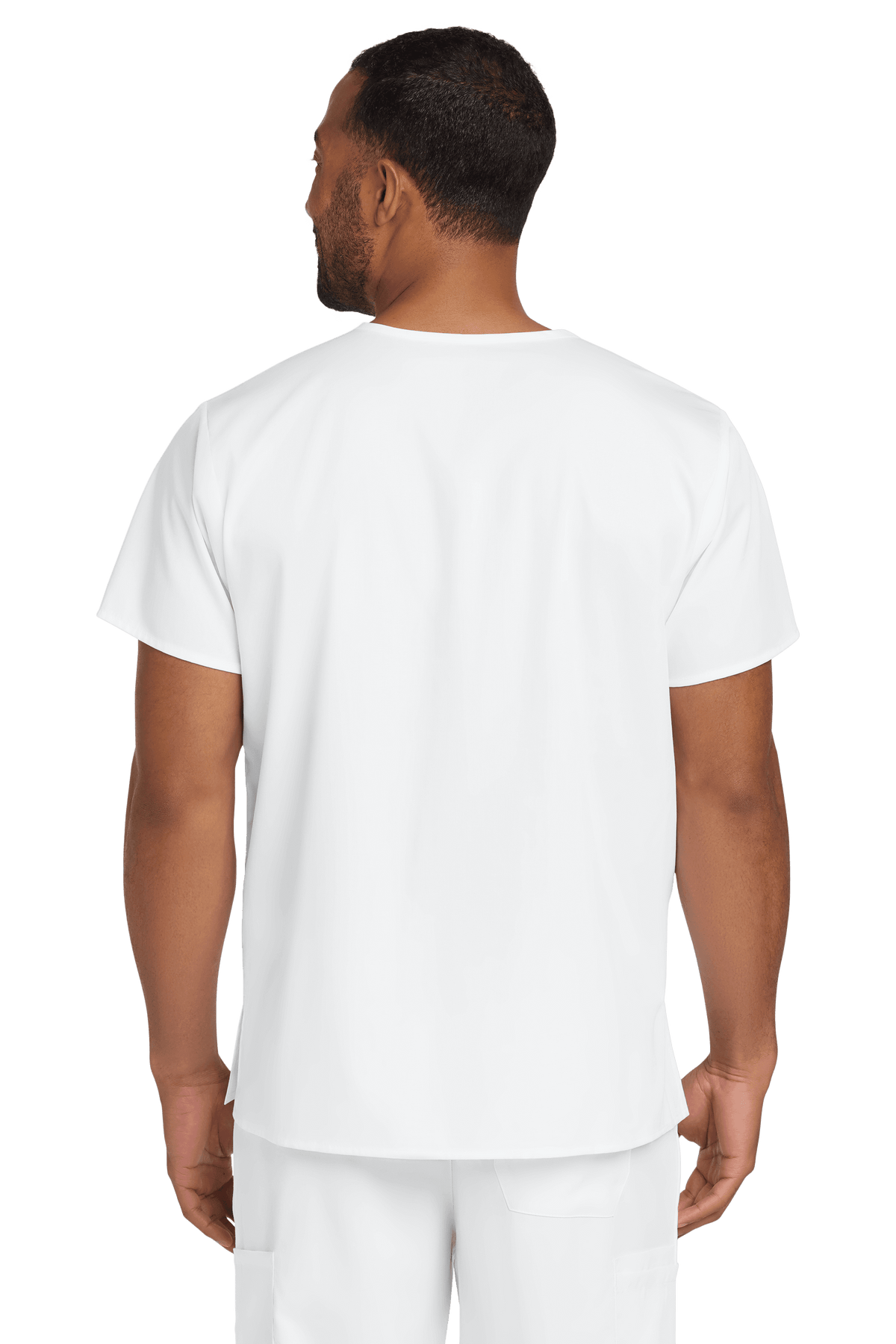 Unisex white medical scrubs top with flex fabric and chest pocket, featuring a V-neck design by Wink, front view.