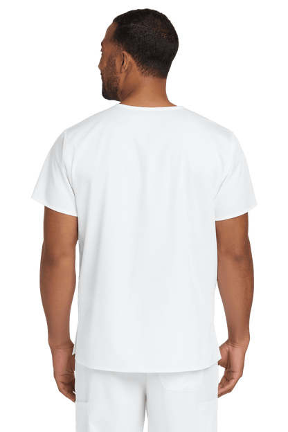 Unisex white medical scrubs top with flex fabric and chest pocket, featuring a V-neck design by Wink, front view.