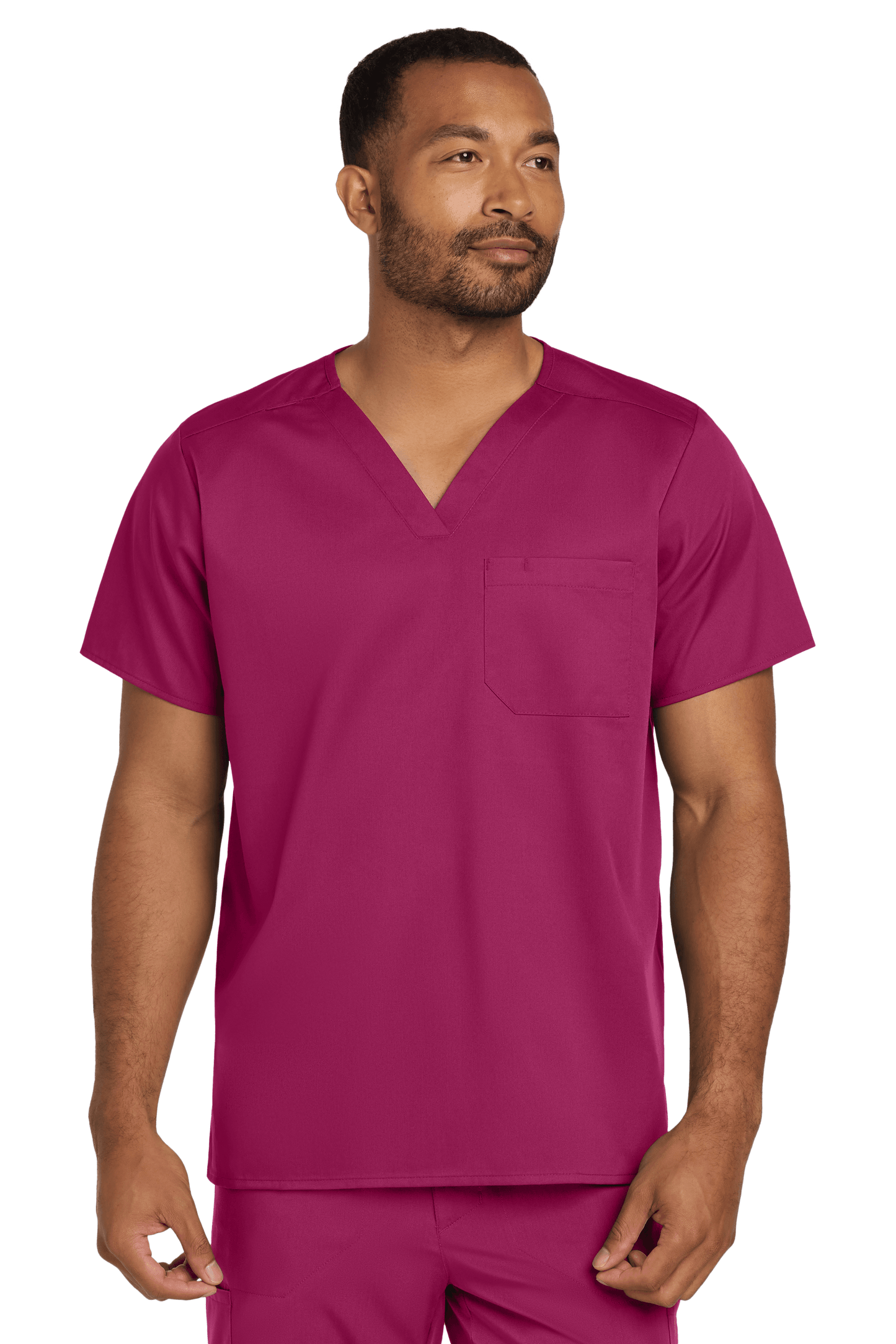 Unisex Wink medical scrubs top with V-neck, flex chest pocket, and printed design in wine color.