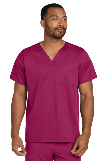 Unisex Wink medical scrubs top with V-neck, flex chest pocket, and printed design in wine color.