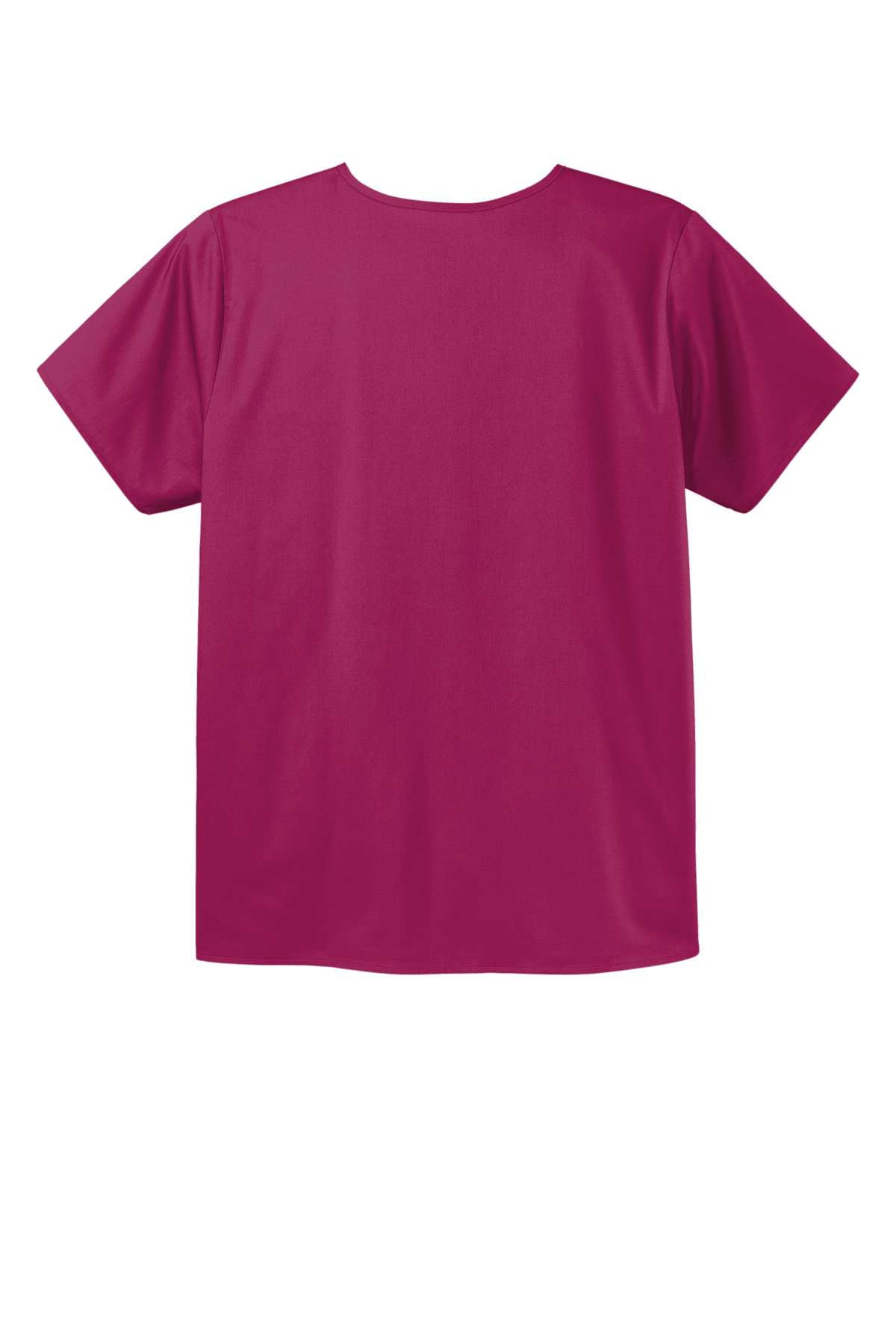 Unisex Wink medical scrub top with V-neck, flex chest pocket, and printed design, shown from the back in wine color.