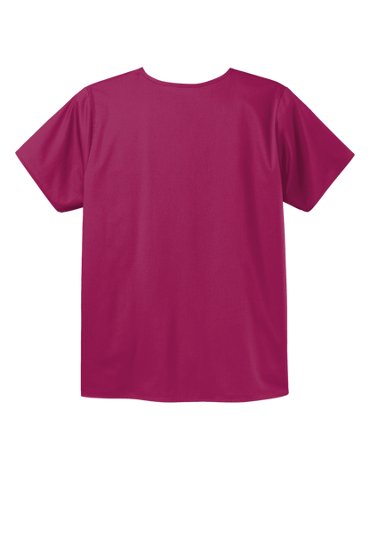 Unisex Wink medical scrub top with V-neck, flex chest pocket, and printed design, shown from the back in wine color.