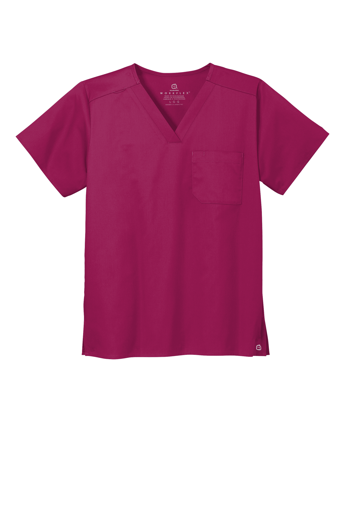Wink unisex medical scrubs V-neck top with flex chest pocket, wine color, front view, comfortable workwear for healthcare professionals.