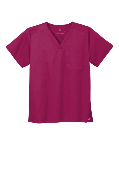 Wink unisex medical scrubs V-neck top with flex chest pocket, wine color, front view, comfortable workwear for healthcare professionals.