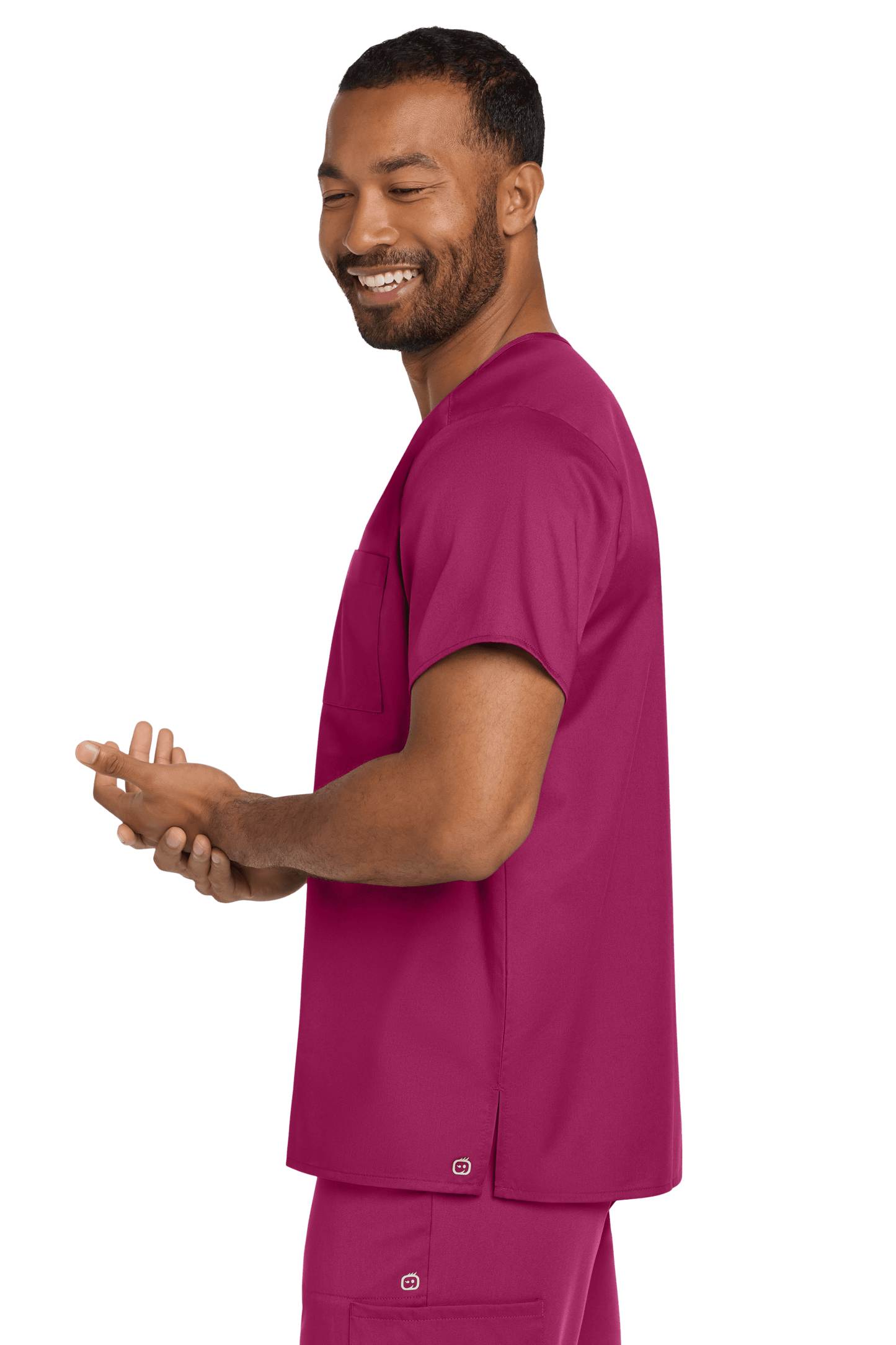 Unisex Wink medical scrubs V-neck top with flex chest pocket, shown in wine color from a side view.
