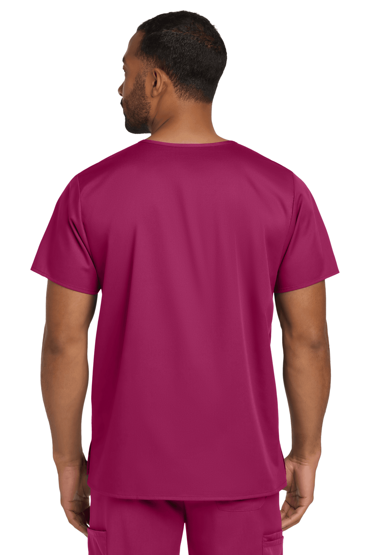 Unisex Wink medical scrub top with V-neck, flex chest pocket, and print design, shown from the back view.