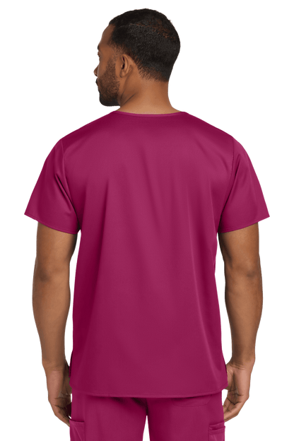 Unisex Wink medical scrub top with V-neck, flex chest pocket, and print design, shown from the back view.
