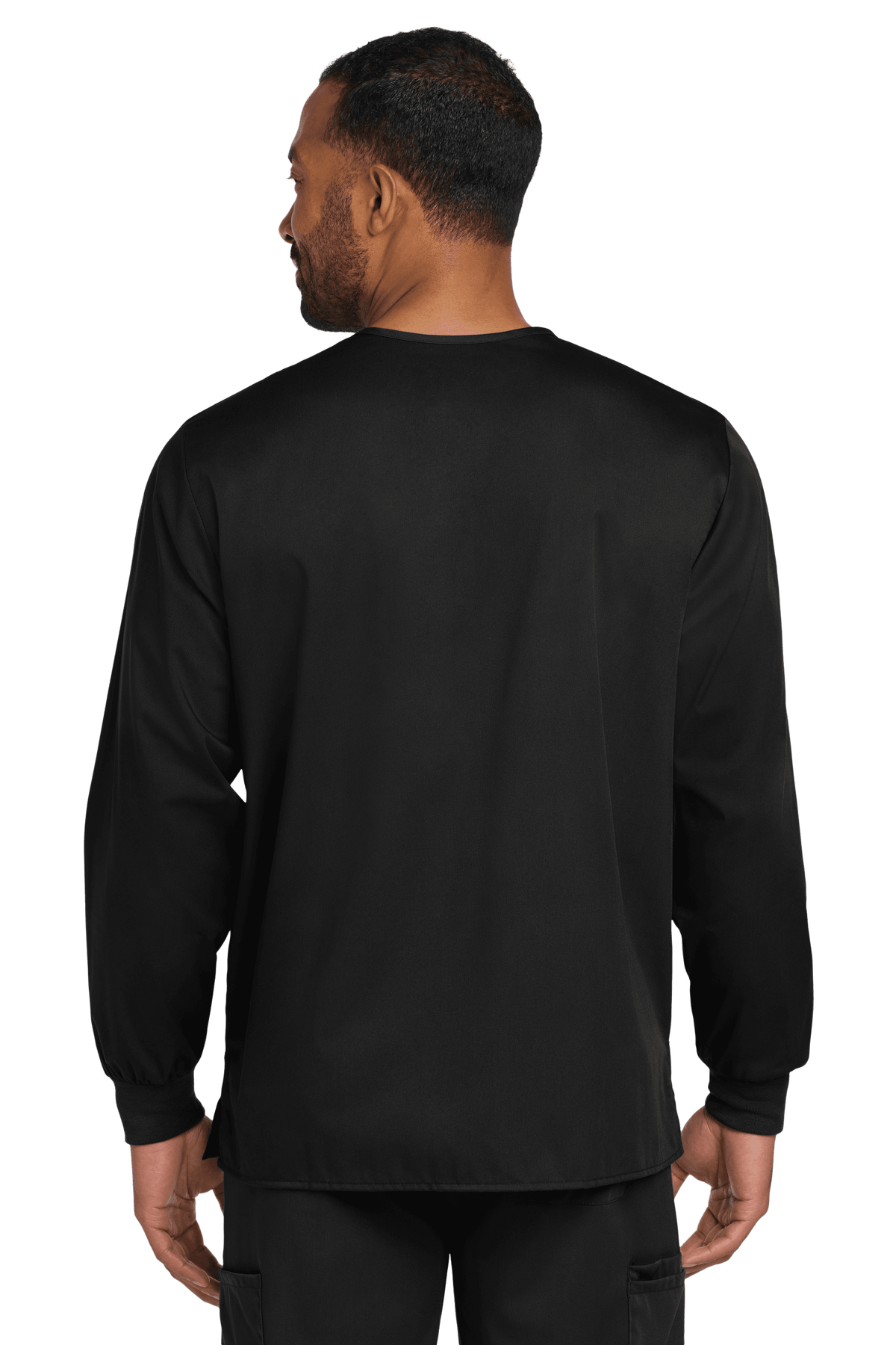 Unisex black Wink workwear scrub jacket with snap-front closure, shown from the back view, designed for comfort and durability.