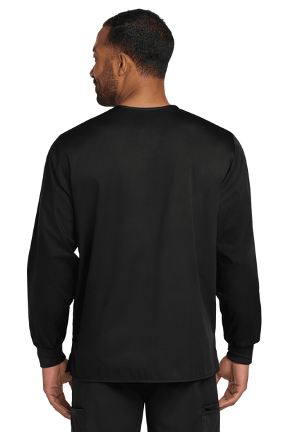 Unisex black Wink workwear scrub jacket with snap-front closure, shown from the back view, designed for comfort and durability.