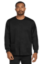Unisex black Wink workwear scrub jacket with a snap-front design, shown from the front view on a model.