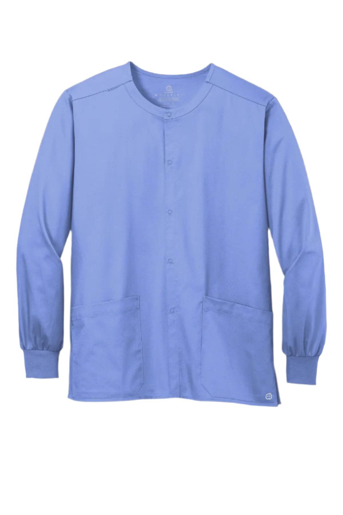 Light blue unisex workwear scrub jacket by Wink with a flex snap-front, suitable for medical professionals.