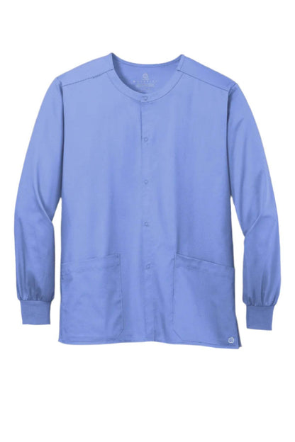 Light blue unisex workwear scrub jacket by Wink with a flex snap-front, suitable for medical professionals.
