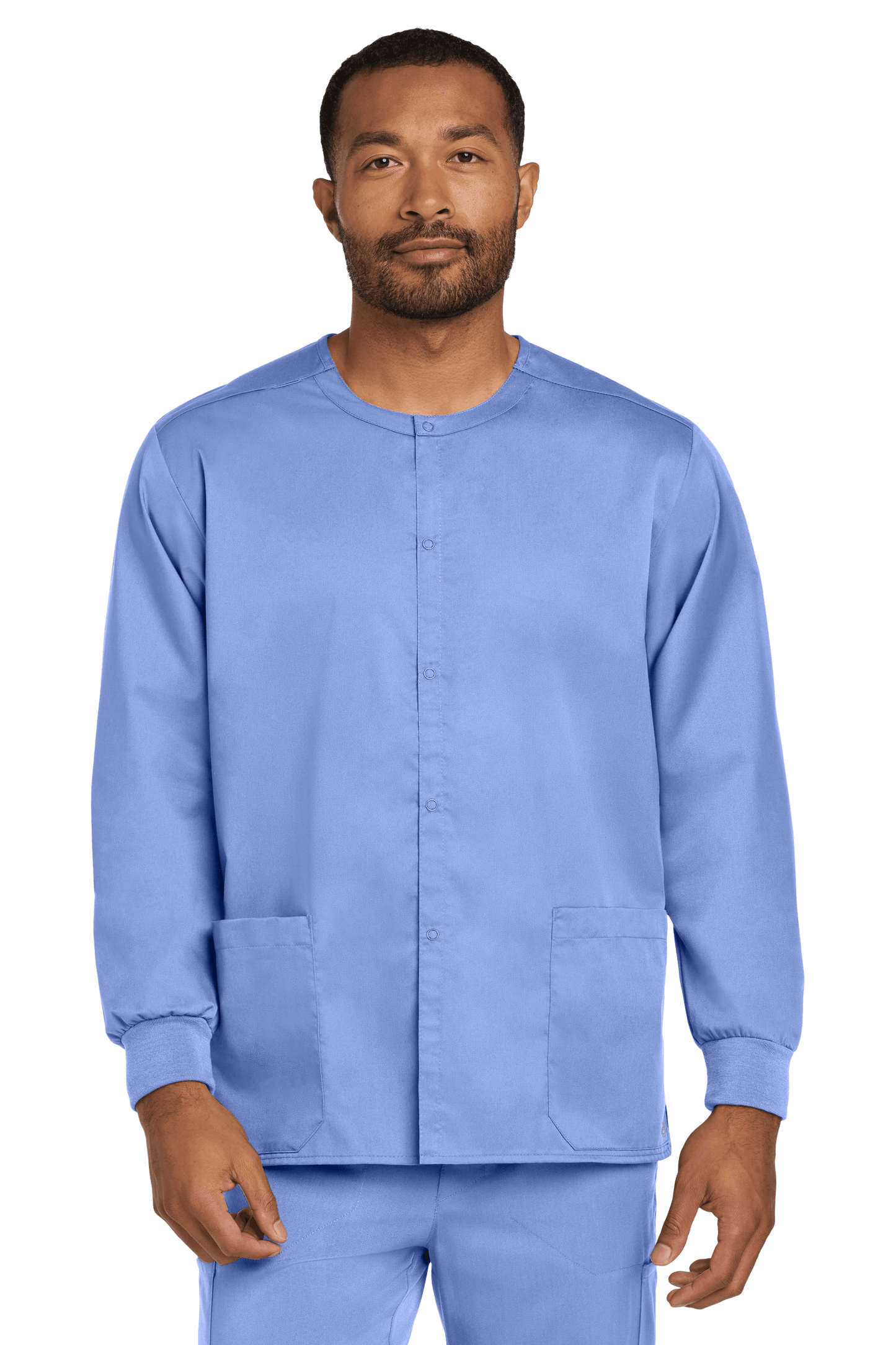 Light blue unisex Wink workwear scrub jacket with snap-front design, suitable for medical professionals or healthcare workers.