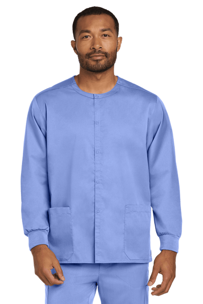 Light blue unisex Wink workwear scrub jacket with snap-front design, suitable for medical professionals or healthcare workers.