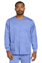 Light blue unisex Wink workwear scrub jacket with snap-front design, suitable for medical professionals or healthcare workers.