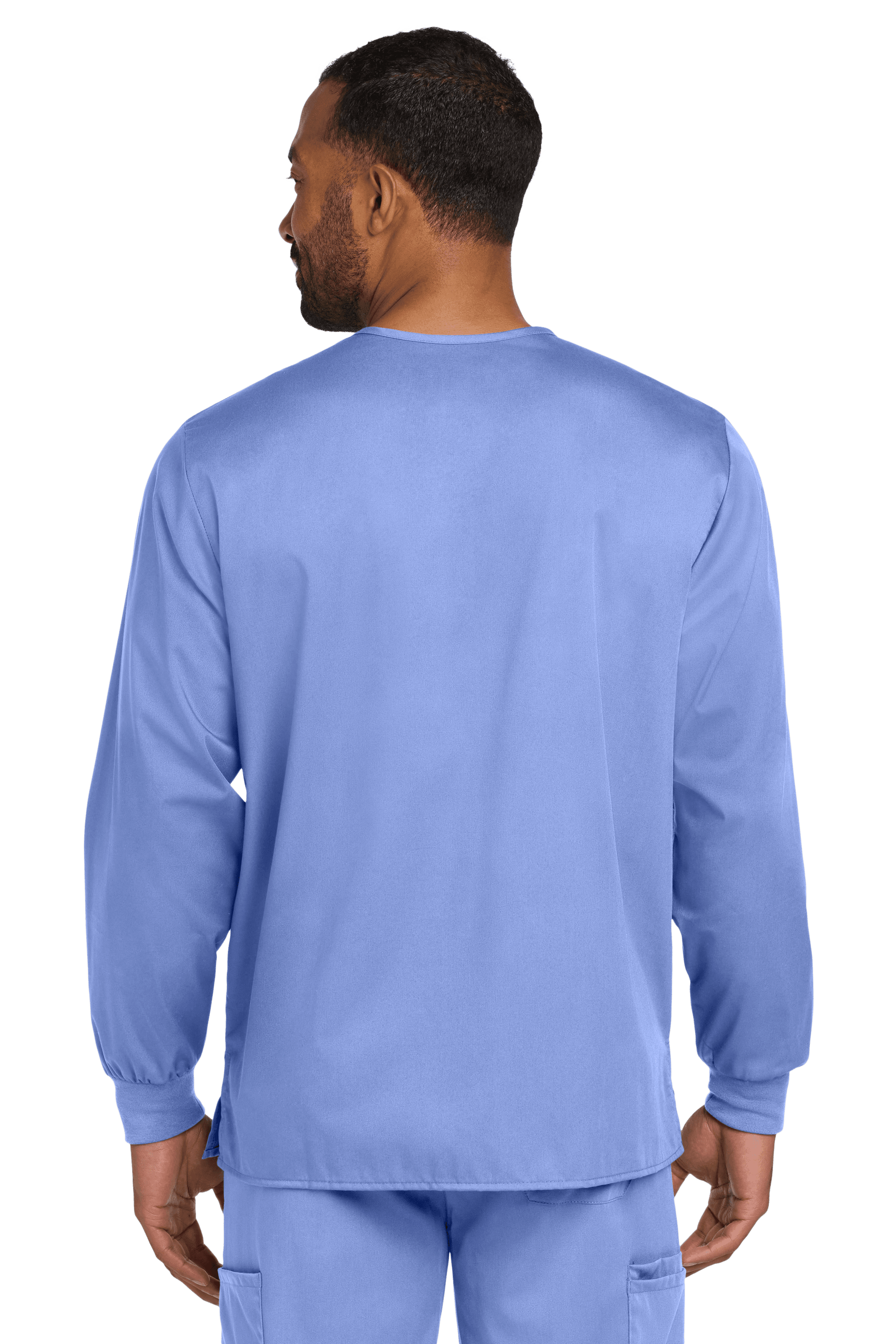 Light blue unisex workwear scrub jacket by Wink with a snap-front, shown from the back, designed for comfort and durability.
