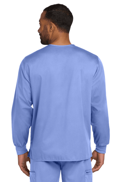 Light blue unisex workwear scrub jacket by Wink with a snap-front, shown from the back, designed for comfort and durability.