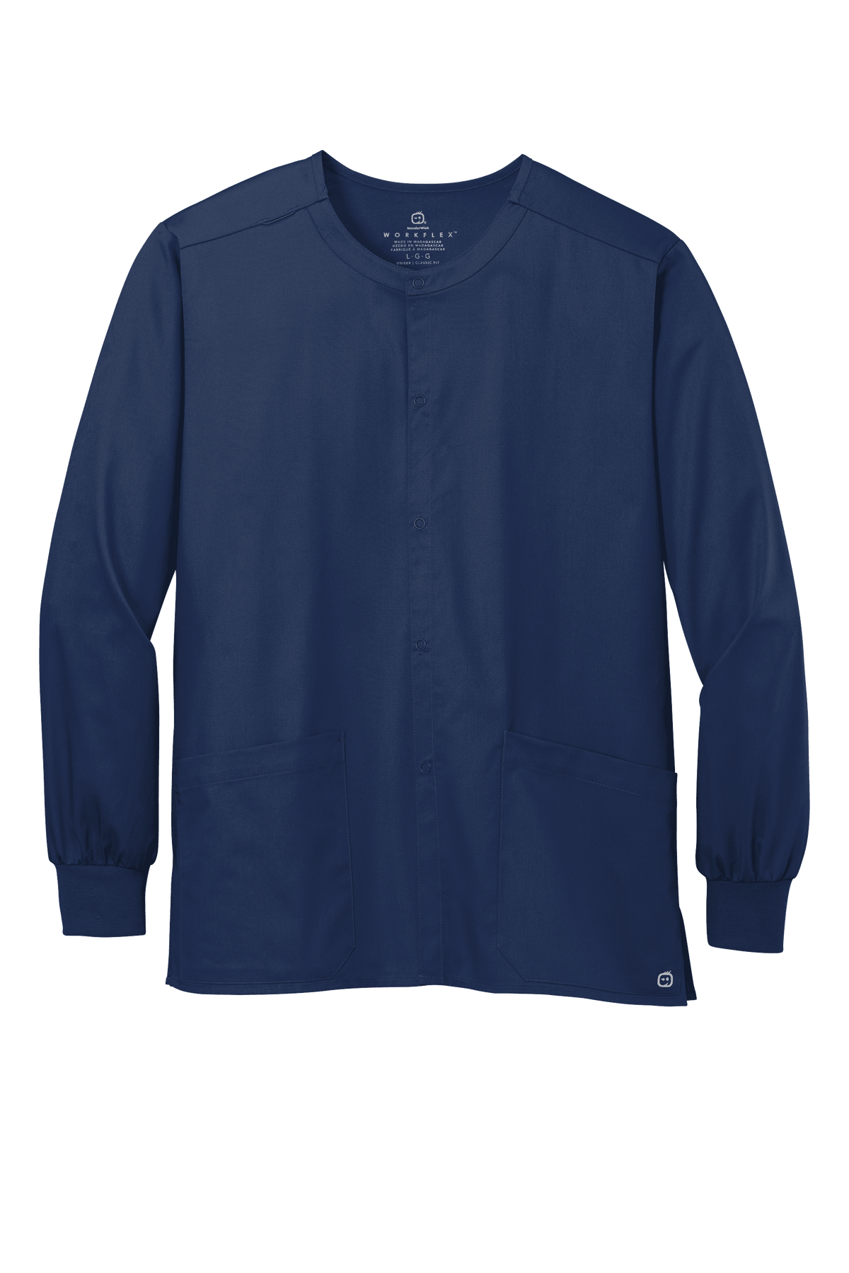 Navy unisex Flex Snap-Front scrub jacket by Wink, made of durable workwear fabric with a practical front snap closure.