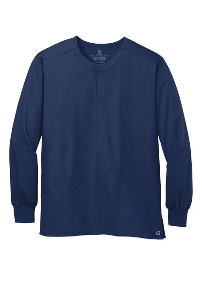 Navy unisex Flex Snap-Front scrub jacket by Wink, made of durable workwear fabric with a practical front snap closure.