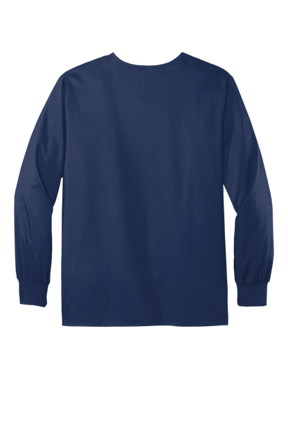 Navy unisex workwear scrub jacket by Wink with snap-front closure, flexible fabric, suitable for medical professionals.