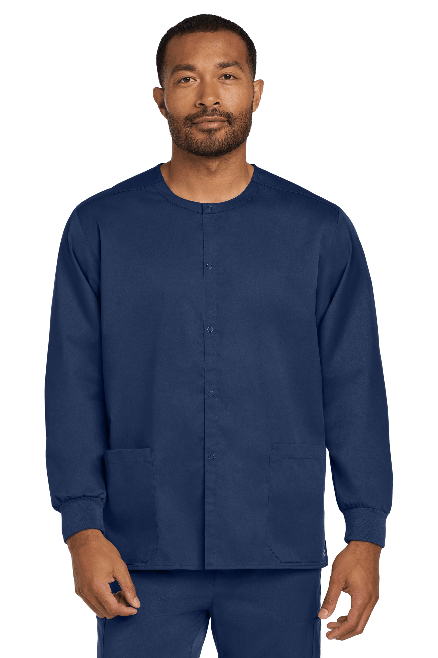 Navy unisex workwear Flex snap-front scrub jacket by Wink, shown from the front with a relaxed fit and functional design.