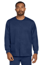 Navy unisex workwear Flex snap-front scrub jacket by Wink, shown from the front with a relaxed fit and functional design.