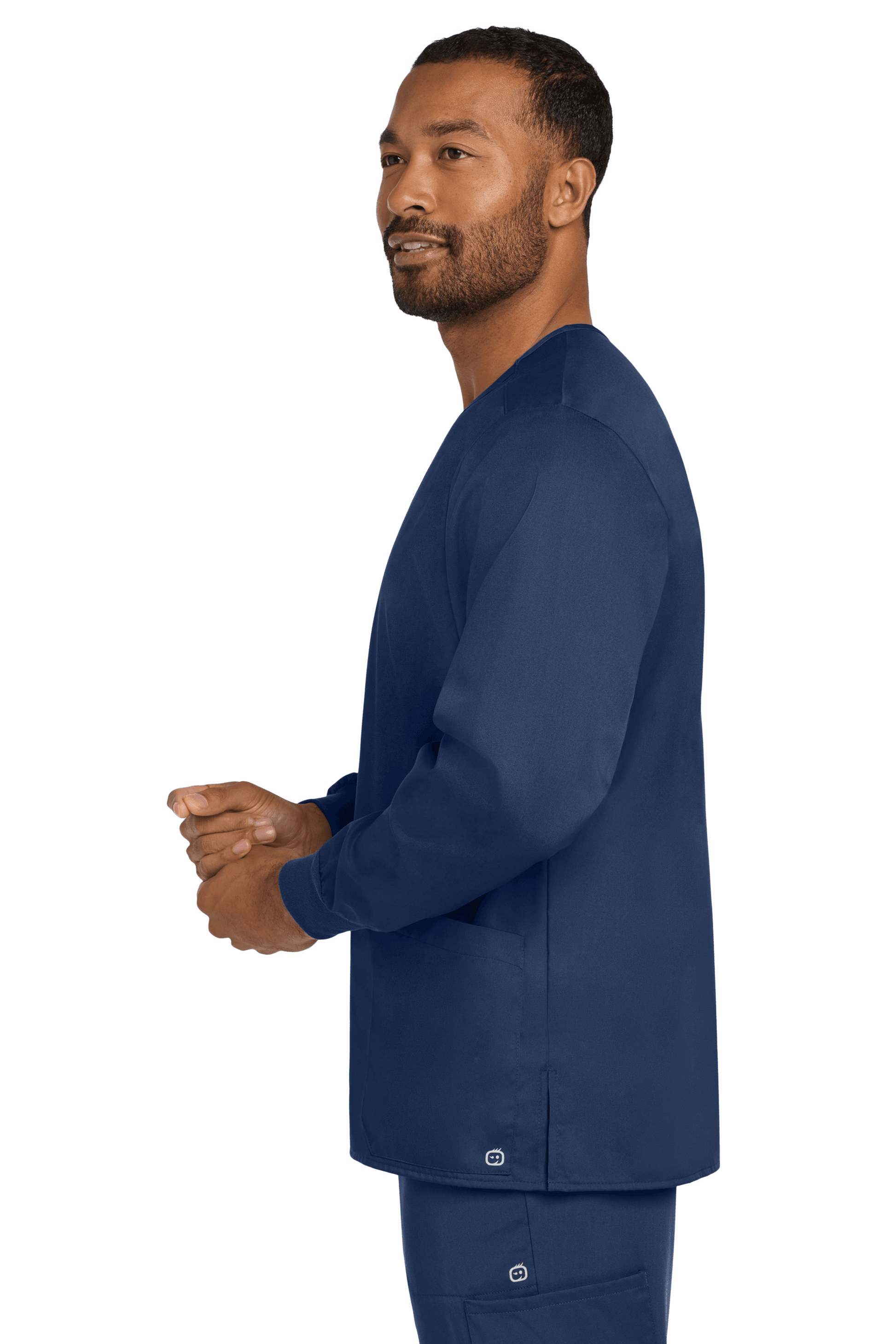 Navy unisex workwear scrub jacket with snap-front closure, shown from side view, by Wink, designed for healthcare professionals.