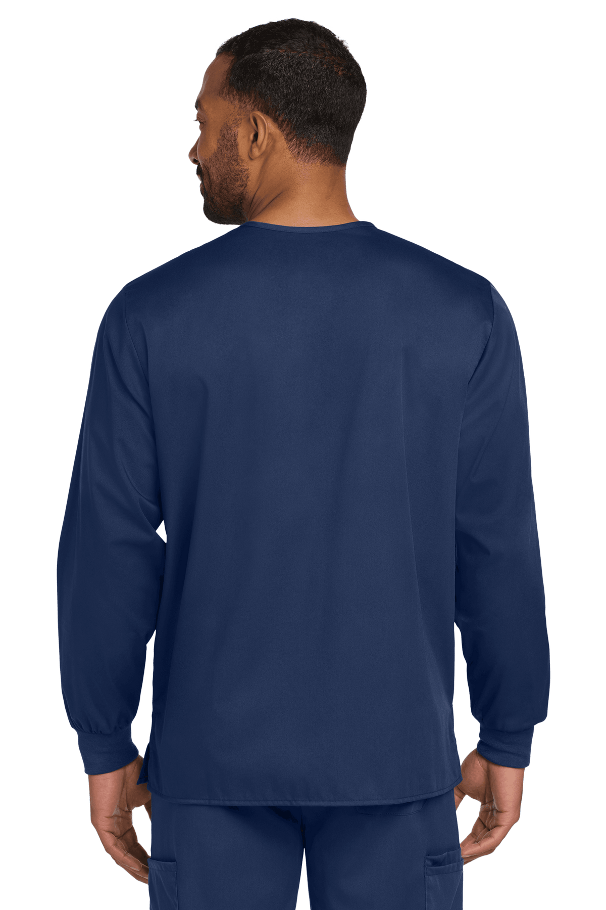 Unisex navy workwear scrub jacket by Wink with snap-front closure, shown from the back view, suitable for medical professionals.