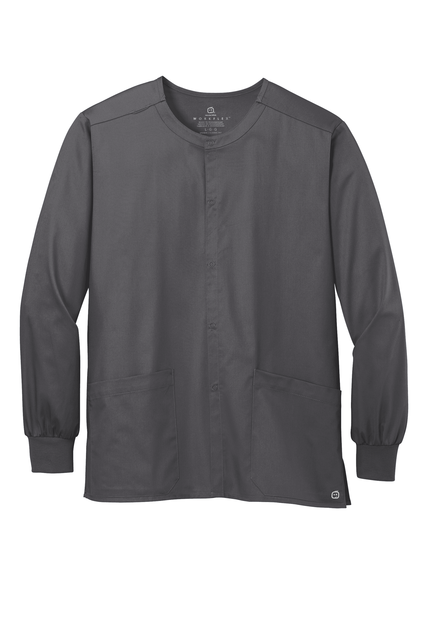 Unisex Pewter Grey Wink workwear scrub jacket with snap front, made of durable fabric for medical or healthcare professionals.