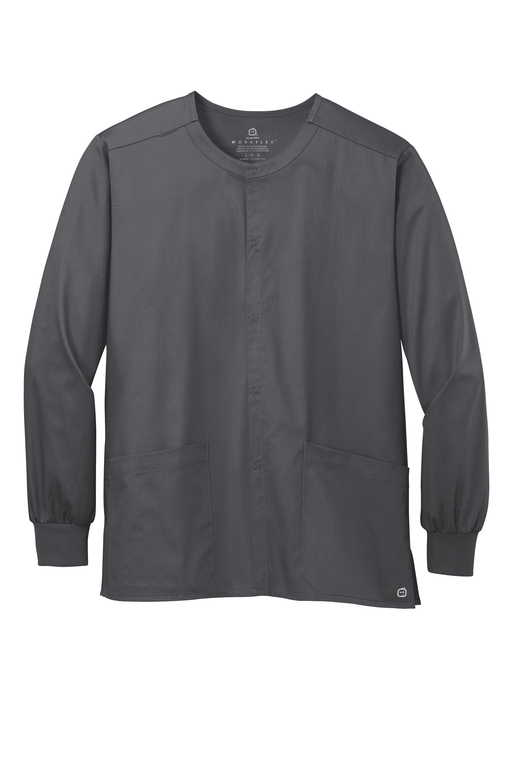 Unisex Pewter Grey Wink workwear scrub jacket with snap front, made of durable fabric for medical or healthcare professionals.