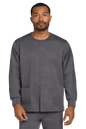 Unisex Wink workwear scrub jacket in pewter grey with snap front, flexible fabric, worn by a model showing front view.