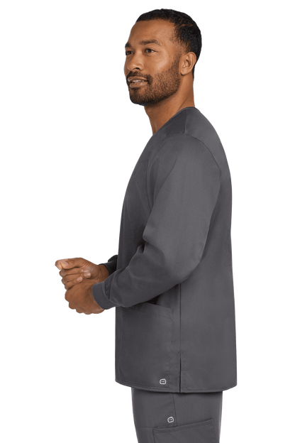 Unisex Wink workwear scrubs jacket in pewter grey with snap-front design, side view showing comfortable fit and sturdy fabric.