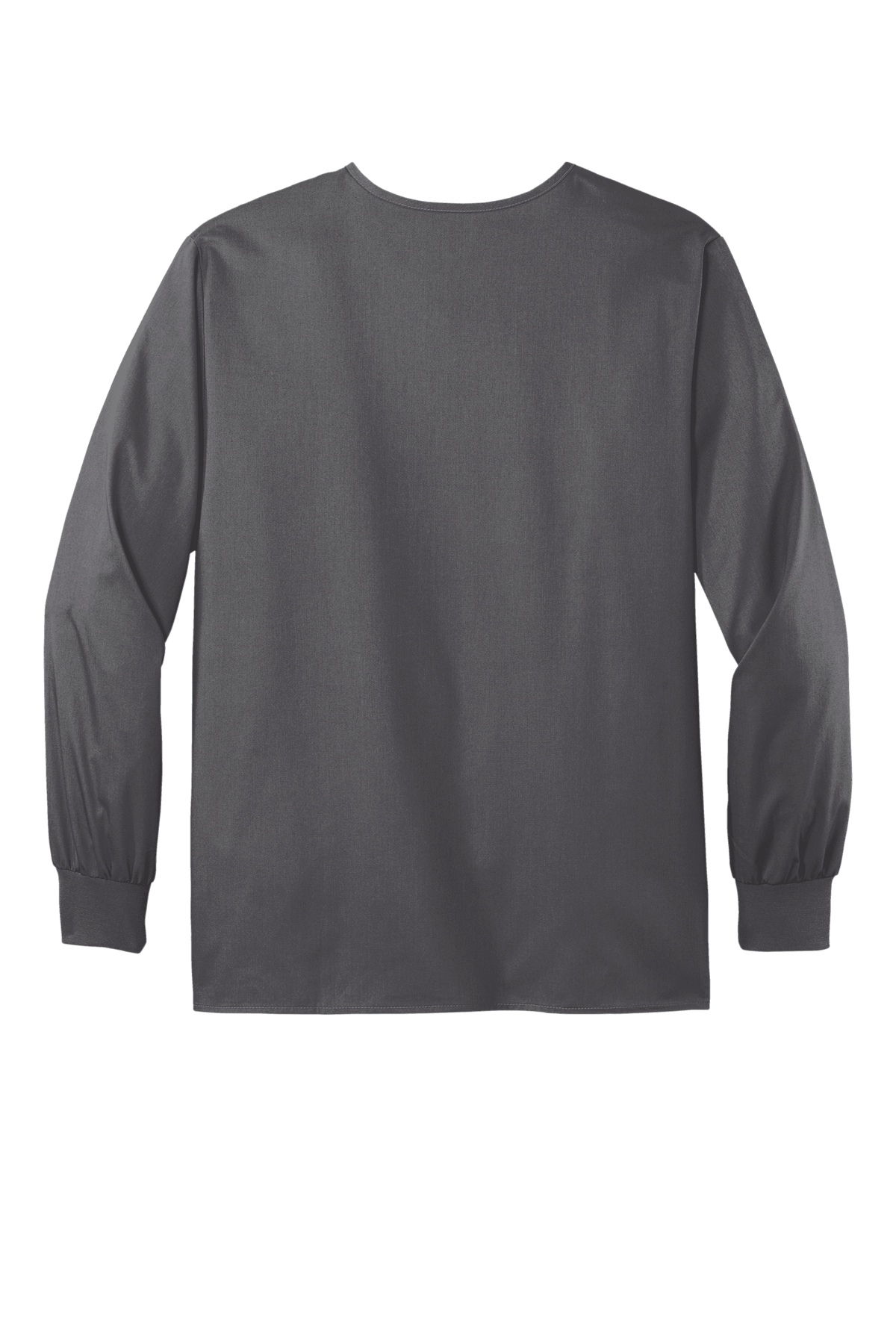 Unisex Wink workwear flex snap-front scrub jacket in pewter grey, shown from the back with a printed design.
