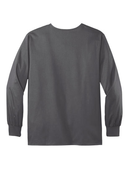 Unisex Wink workwear flex snap-front scrub jacket in pewter grey, shown from the back with a printed design.
