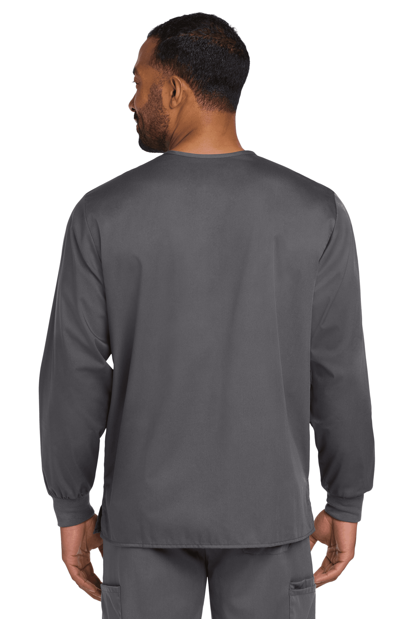 Unisex Wink Workwear Flex Snap-Front Scrub Jacket in pewter gray, showing the back view with a flexible design and snap closure.
