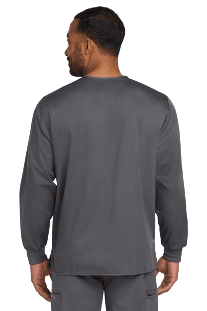 Unisex Wink Workwear Flex Snap-Front Scrub Jacket in pewter gray, showing the back view with a flexible design and snap closure.