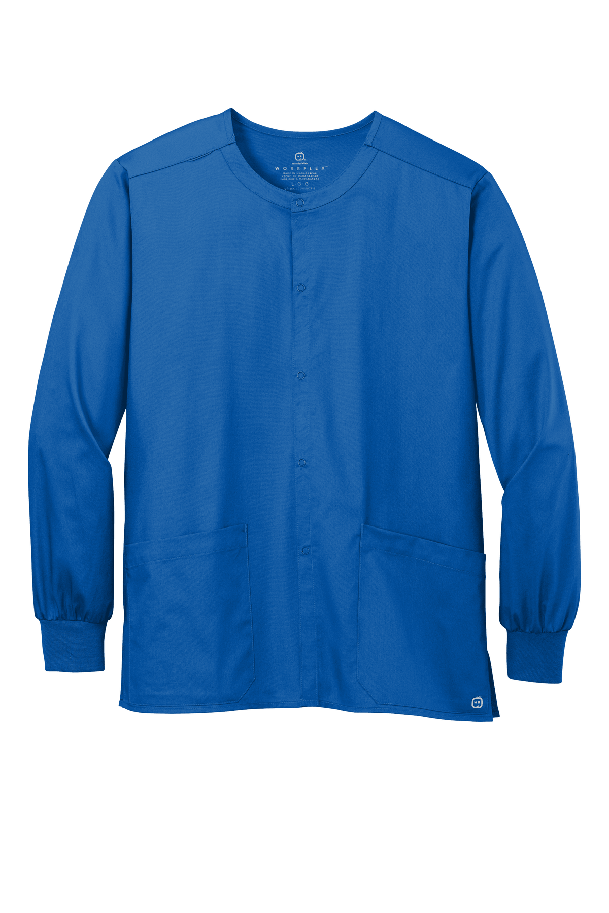 Unisex royal blue scrub jacket by Wink with snap-front closure, suitable for workwear and customization.