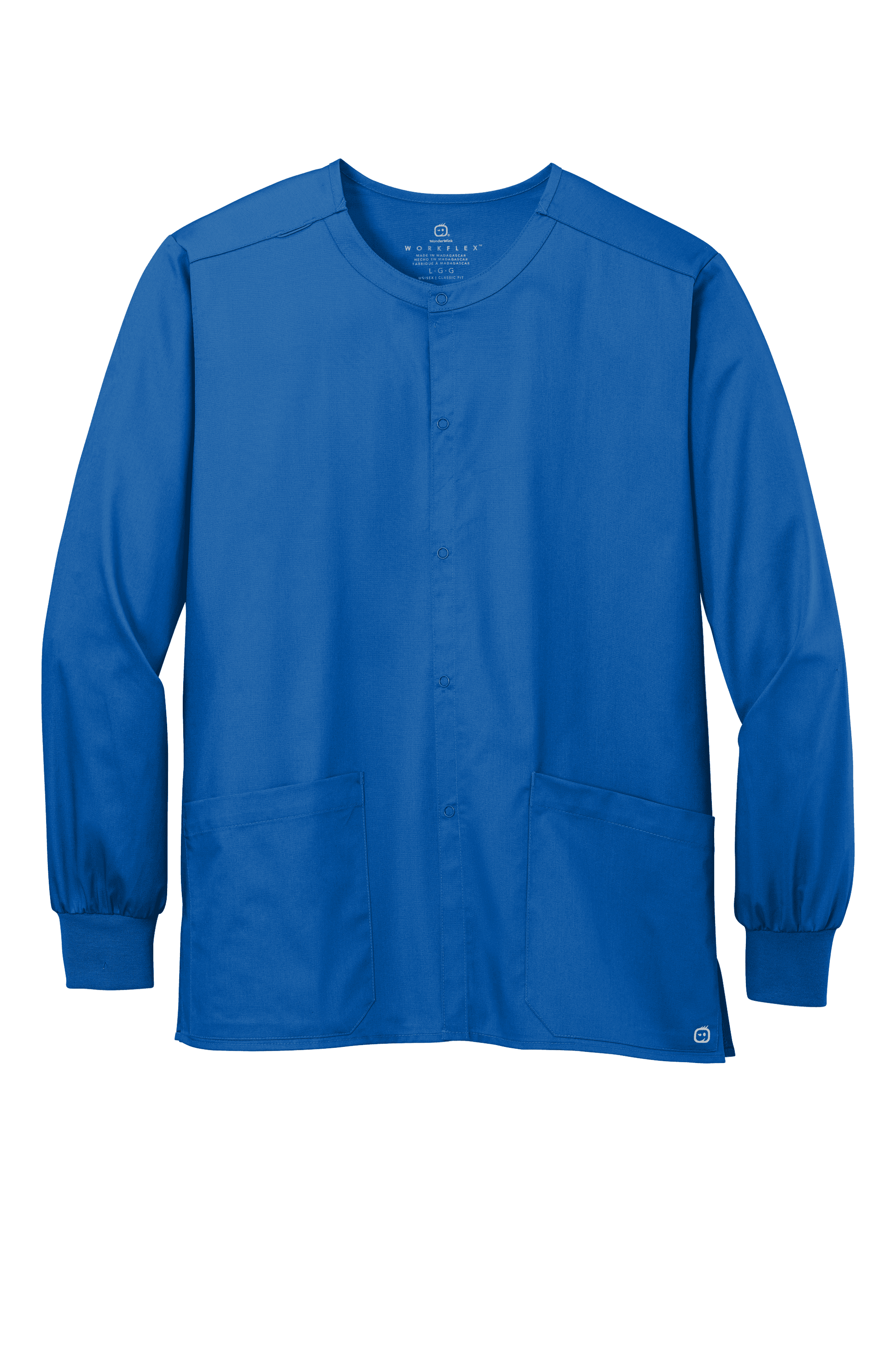 Unisex royal blue scrub jacket by Wink with snap-front closure, suitable for workwear and customization.