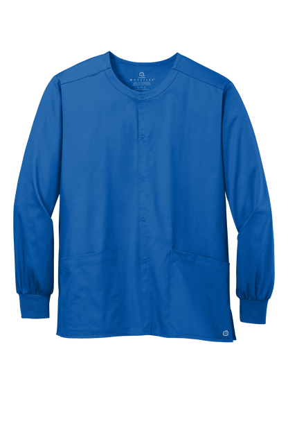 Unisex royal blue scrub jacket by Wink with snap-front closure, suitable for workwear and customization.