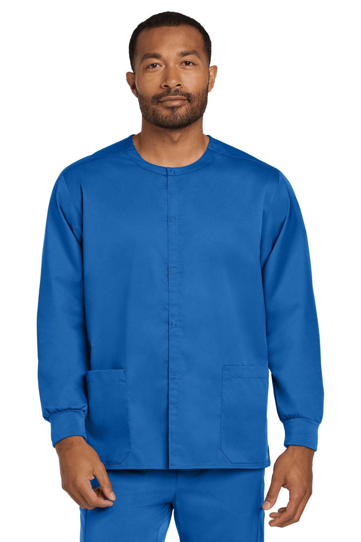 Unisex Wink workwear scrub jacket with snap front in royal print view, showing front design and fit.