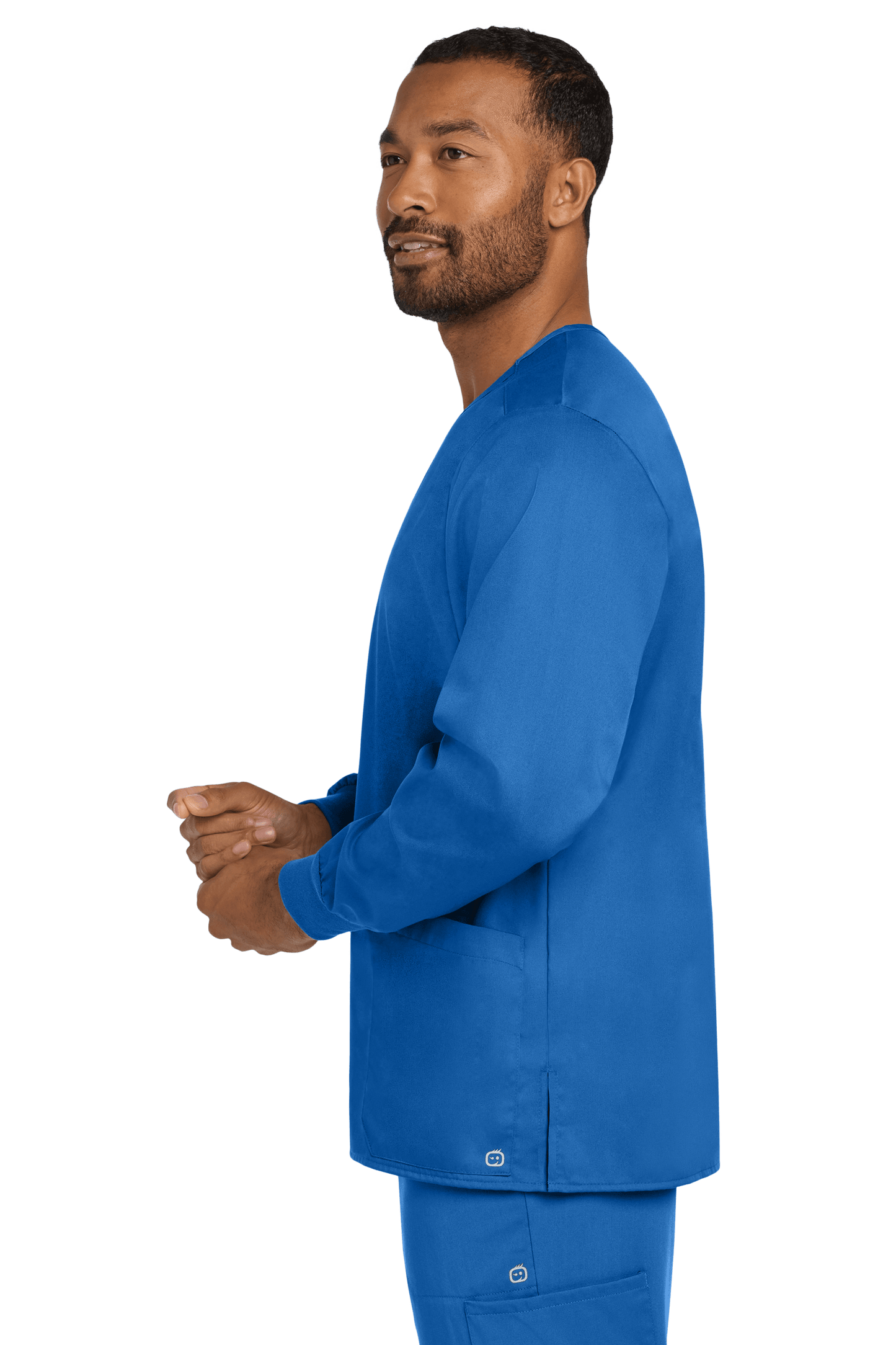 Unisex Wink workwear scrub jacket with snap front in royal print, shown from side view, ideal for medical professionals.