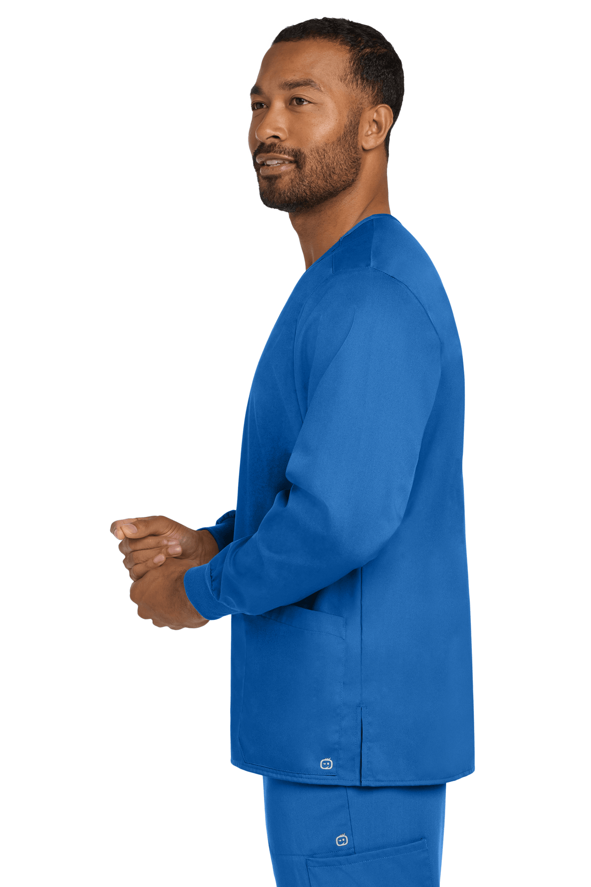 Unisex Wink workwear scrub jacket with snap front in royal print, shown from side view, ideal for medical professionals.