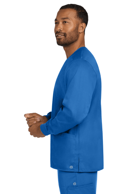 Unisex Wink workwear scrub jacket with snap front in royal print, shown from side view, ideal for medical professionals.