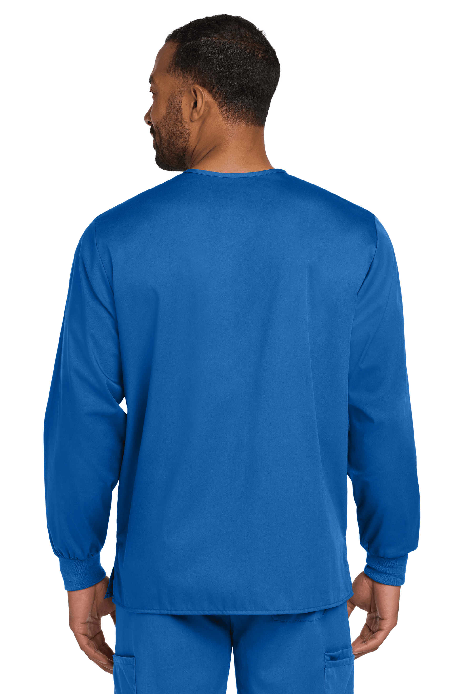 Unisex Wink Workwear Flex Snap-Front Scrub Jacket in royal, shown from back view with a comfortable fit and functional design.