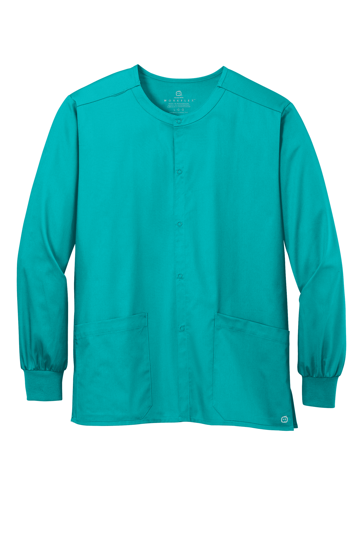 Unisex teal workwear scrub jacket by Wink with snap front, designed for comfort and durability in medical settings.