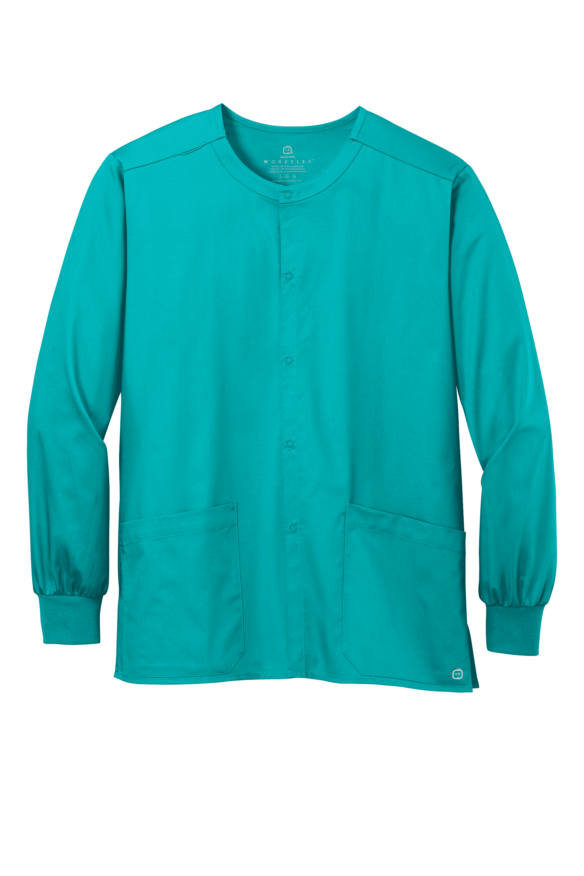 Unisex teal workwear scrub jacket by Wink with snap front, designed for comfort and durability in medical settings.