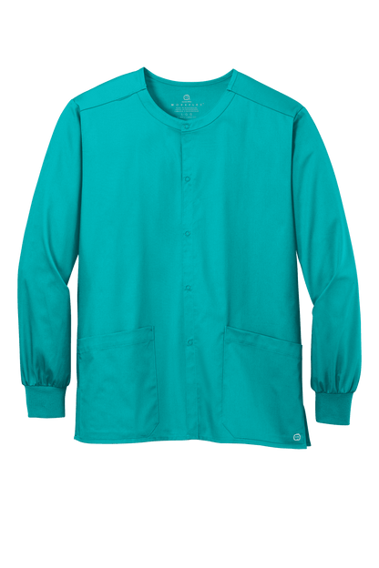 Unisex teal workwear scrub jacket by Wink with snap front, designed for comfort and durability in medical settings.