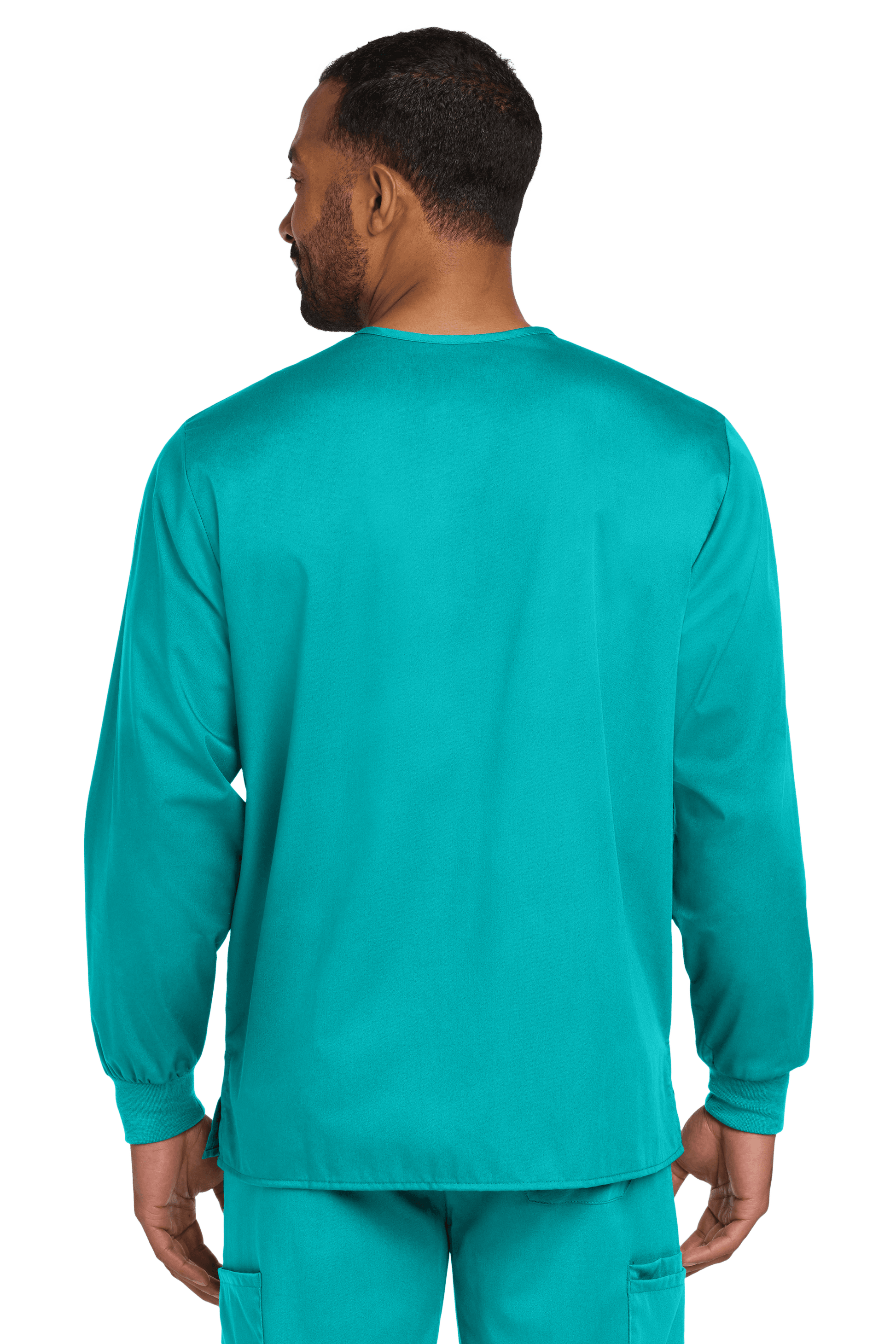 Unisex teal scrub jacket by Wink with snap-front design, shown from the back view, ideal for medical or workwear uniforms.