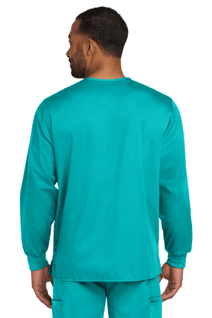 Unisex teal scrub jacket by Wink with snap-front design, shown from the back view, ideal for medical or workwear uniforms.